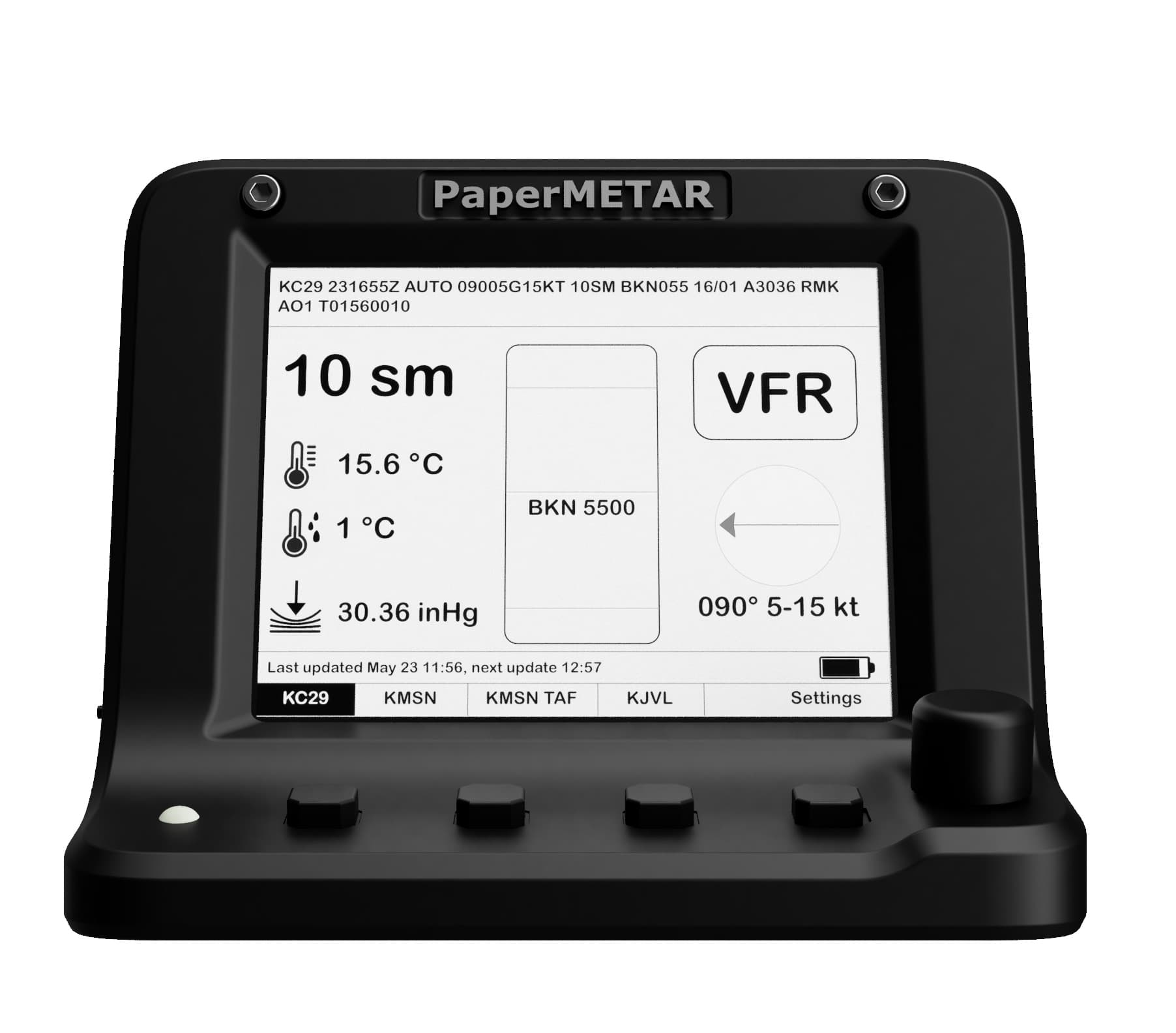 PaperMETAR front view showing crisp ePaper display